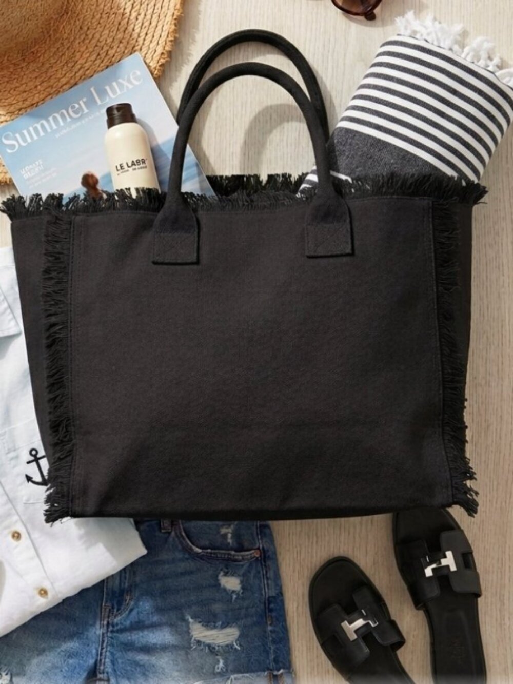 Black Fringed Canvas Beach Tote Bag | Boho Summer Shoulder Bag Large NEW